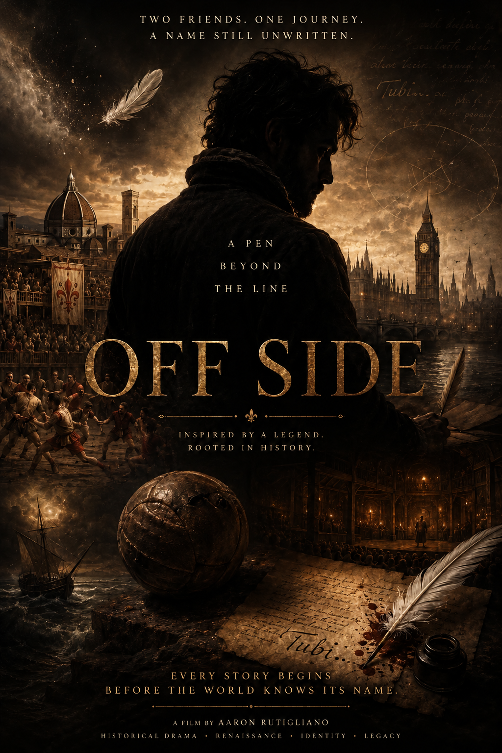 OFFSIDE project poster in black and antique gold, with a traveller, Florence, London, a feather and a ball