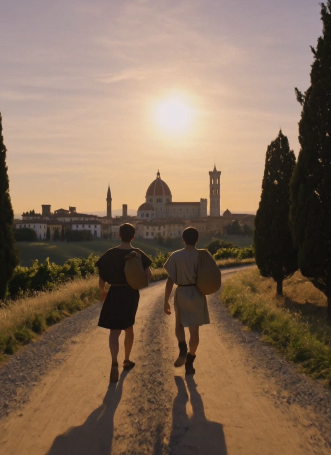 Two young travellers walking towards Florence in warm evening light